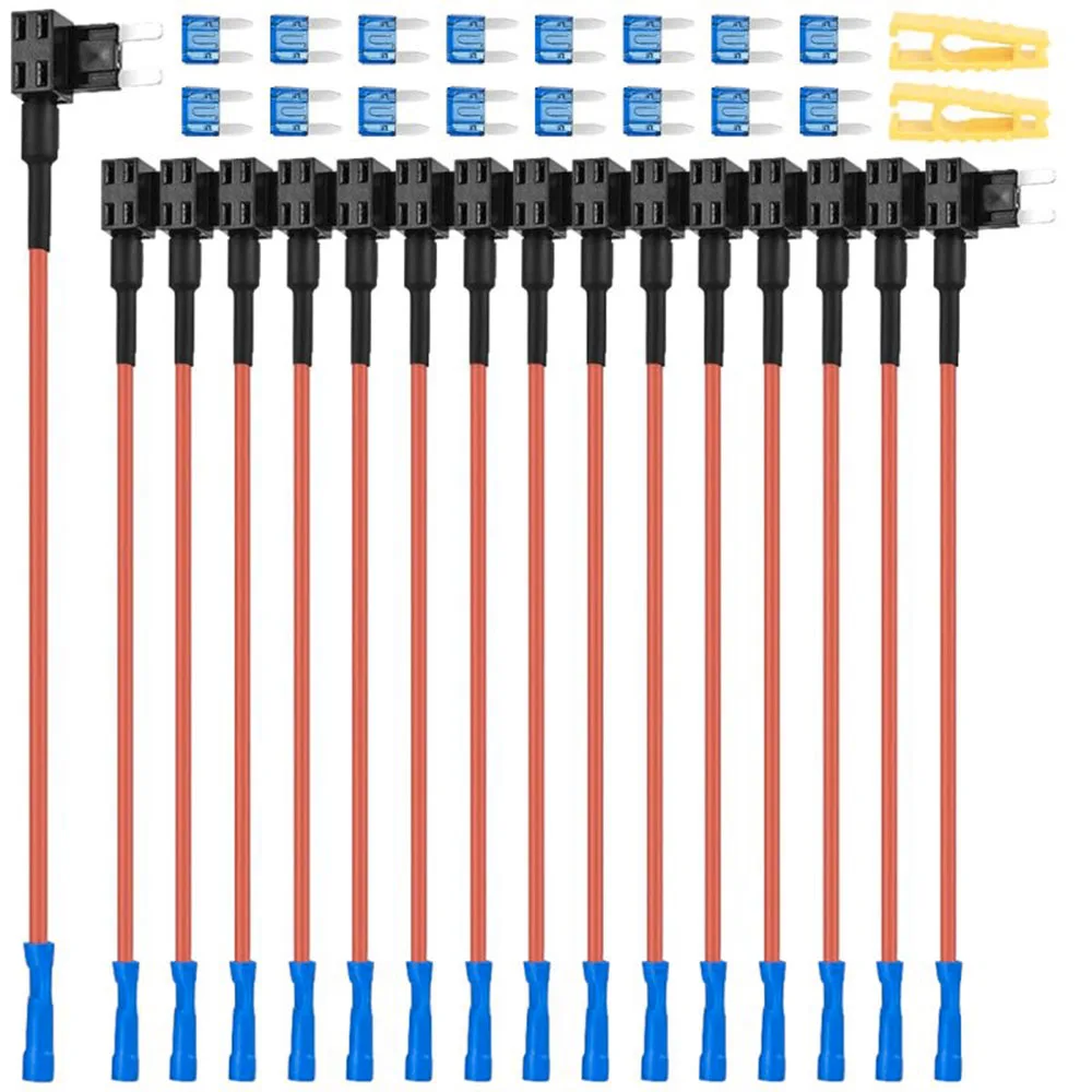 

16Pcs Mini Fuse Tap, 12V Add-a-Circuit Adapter With 15 Amp APM ATM Blade Fuse Sets, Puller and Heat Shrink Butt Connector