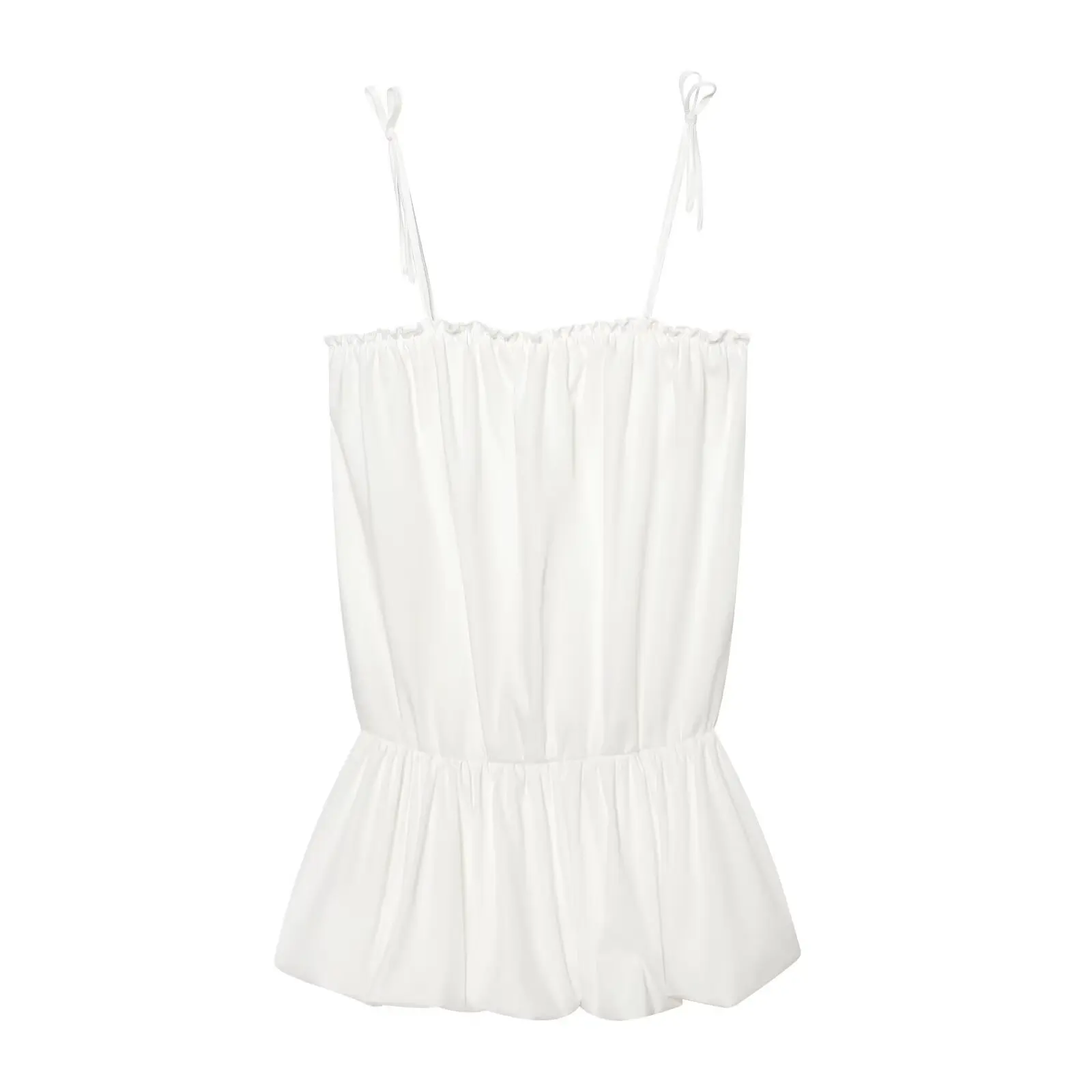 Damenmode Nylon-Kleid im Ballon-Stil, weiß, trägerlos, mit Rüschen am Saum, ärmellos, lässig, Sommer, Strand, elegant, KZWP