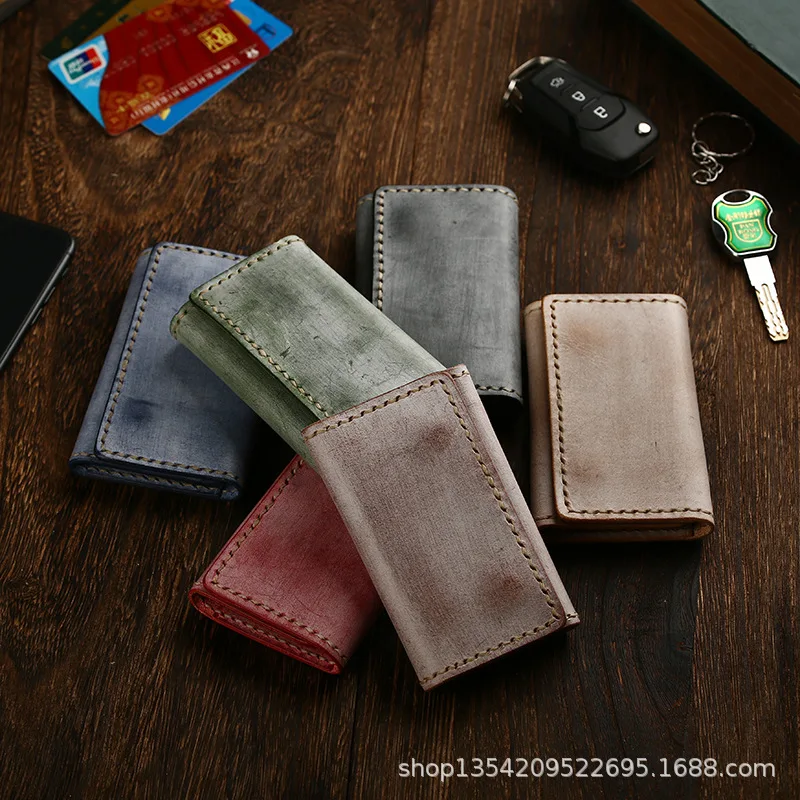 Gege hand-stitched 3 fold brass hardware key row mist wax leather key bag Wipe wax leather car key bag