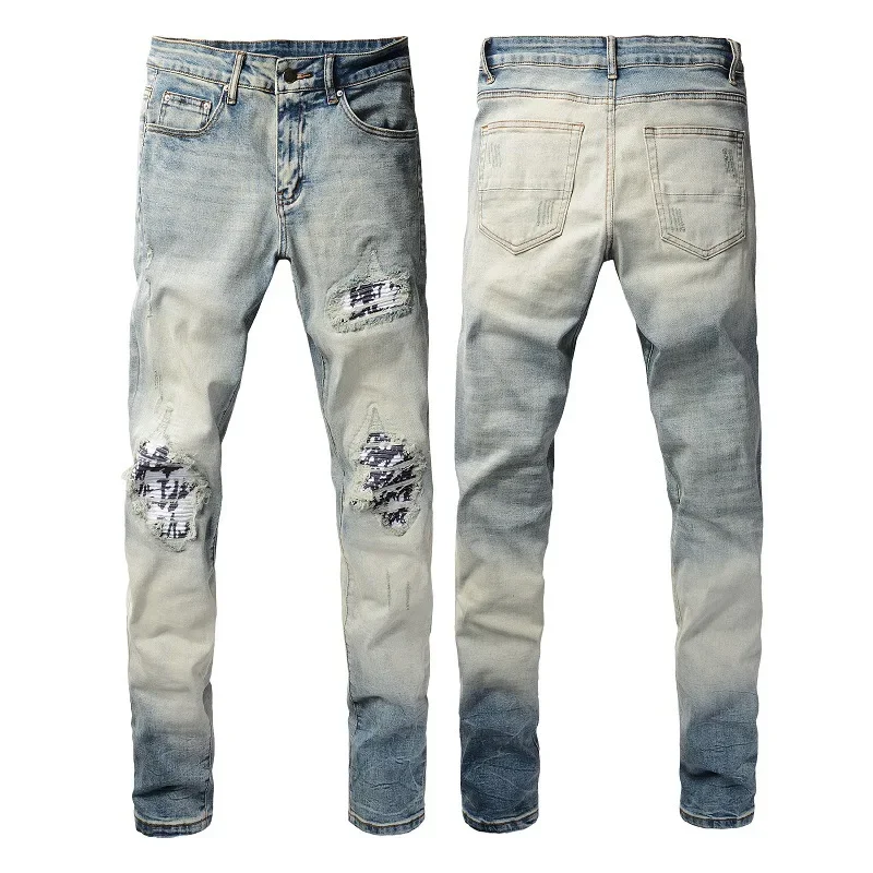 

Four Seasons New Fashion Men's Casual Trendy Washed Light Blue Skinny Jeans Pencil Pants Hole Patched Gradient Denim Trousers
