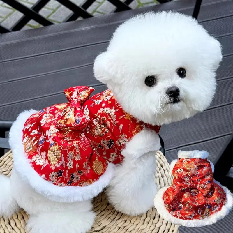 Pet New Year Clothes Teddy Bowknot Cotton Coat Cocoa Bichon Warm Winter Puppy Holiday Cotton Dress with Traction Buckle