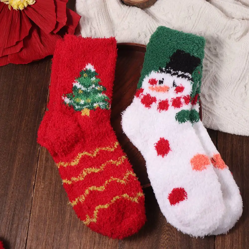 

5Pairs Cute Cartoon Christmas Fleece Socks Plush Santa Claus Coral Fleece Socks Warm Tree Deer Winter Floor Socks Fall/Winter