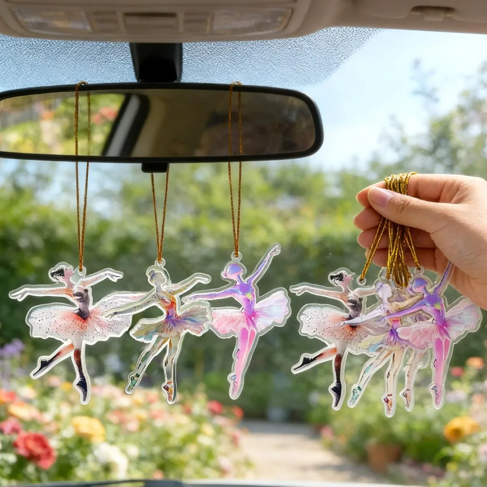 2pcs Car Rearview Mirror Pendant Charm Ballet Dancer Acrylic Hanging Ornament Auto Interior Accessory Decor Gift for Women Girls