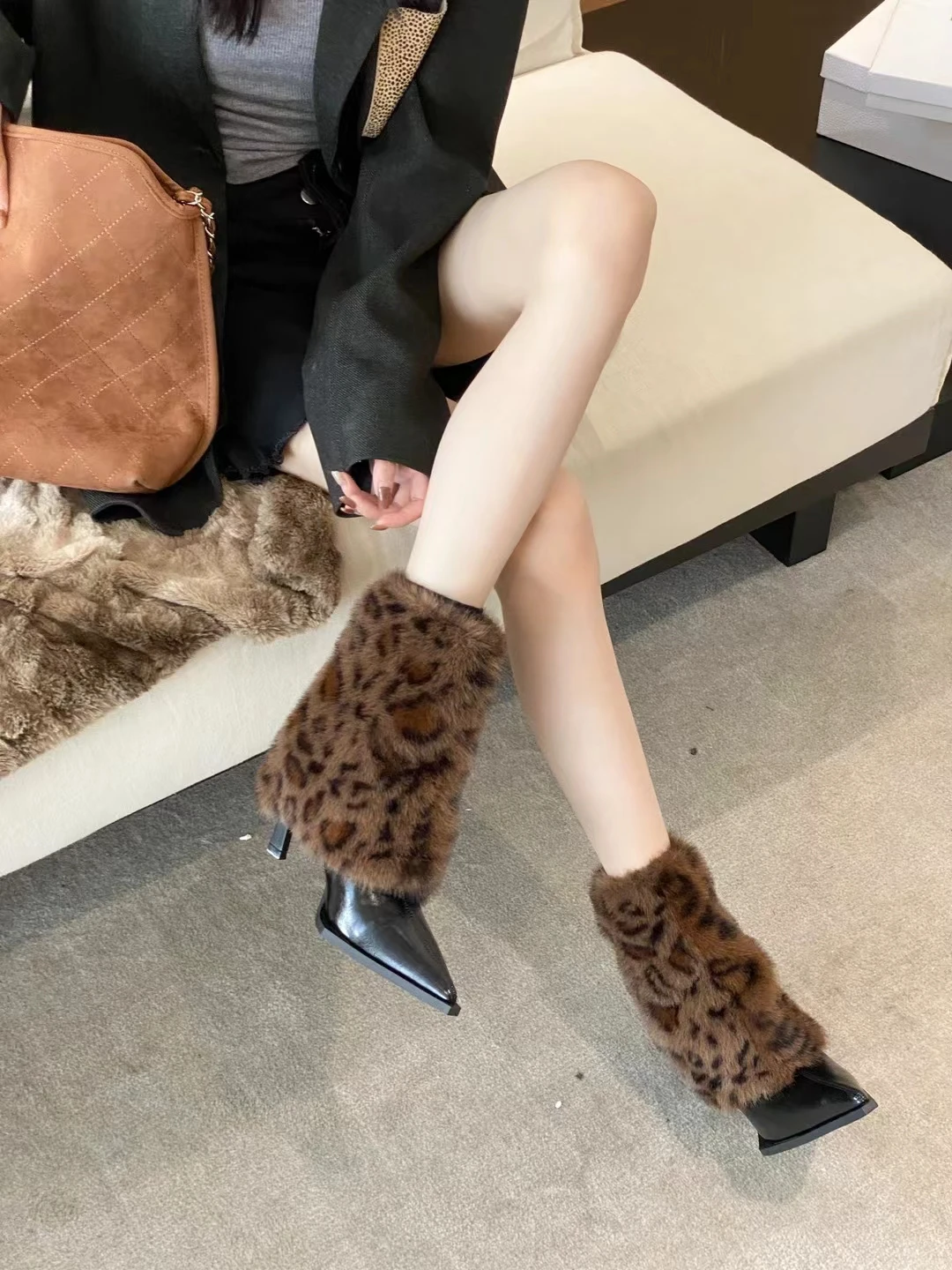 Pointed Lamb Wool Pants and Short Boots for Women, European and American Plush Thin Heel Short Boots Brown High Heel Short Boots