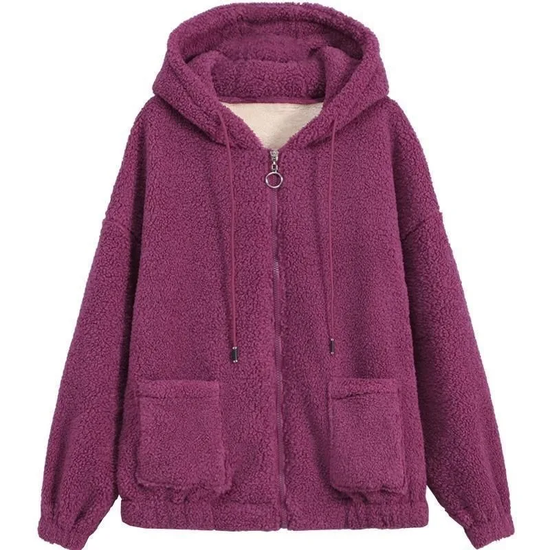 Maglione con cappuccio in pile da donna giacca Cardigan in Cashmere di agnello solido cappotto da donna Casual in peluche autunno inverno manica