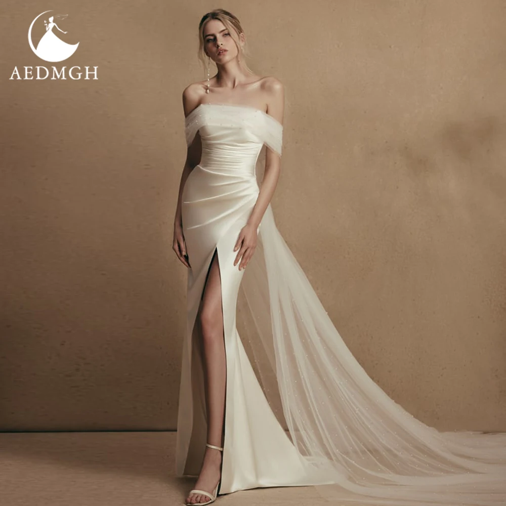 Aedmgh Mermaid Satin Wedding Dresses 2024 V-Neck Sleeveless With Ribbon Vestido De Novia Sweep Train Simple Split Robe De Mariee