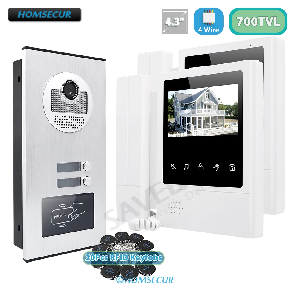 

HOMSECUR 4 Wire 4.3" Video Doorphone Intercom System with Handset 700TVL Doorbell Camera Night Vision RFID Access for 2 Flats