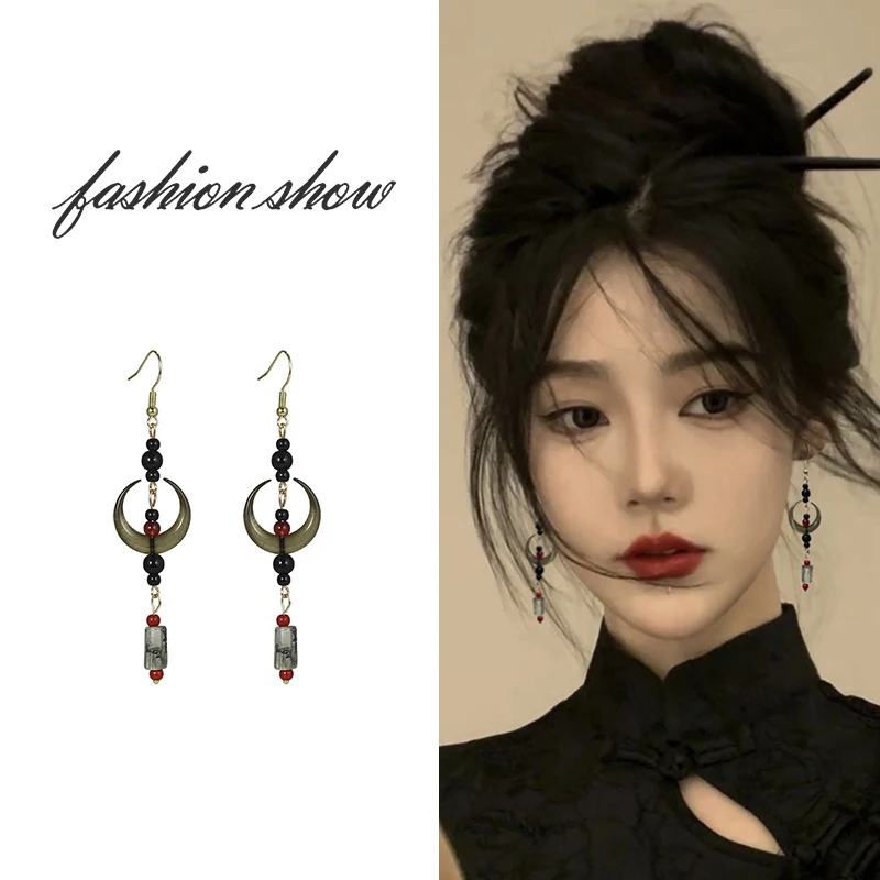 New Ethnic Style Black Moon Bamboo Drops Earrings for Female Long Delicate Tassel Dangle Chinese Style Jewelry Party Gift 2024