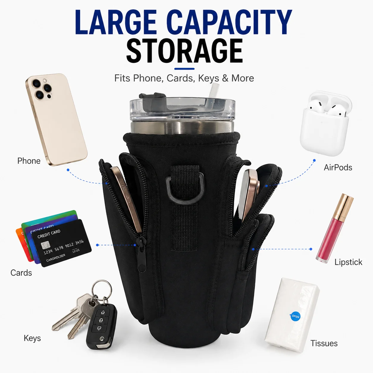 Water Bottle Carrier Bag with Phone Pocket & Adjustable Strap for Stanley 40oz Tumbler