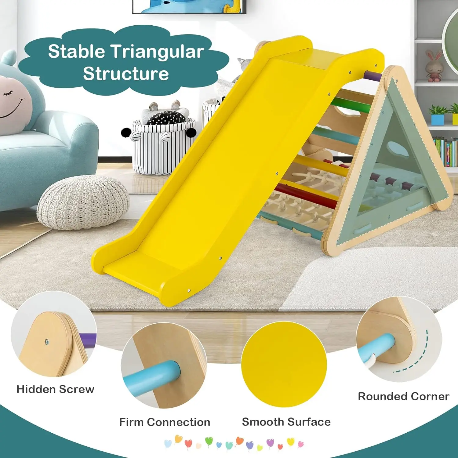 Jouet d'escalade 4 en 1 pour tout-petits, grimpeur triangulaire en bois Montessori sur 3 côtés avec rampe coulissante, filet d'escalade et planche, enfants garçons