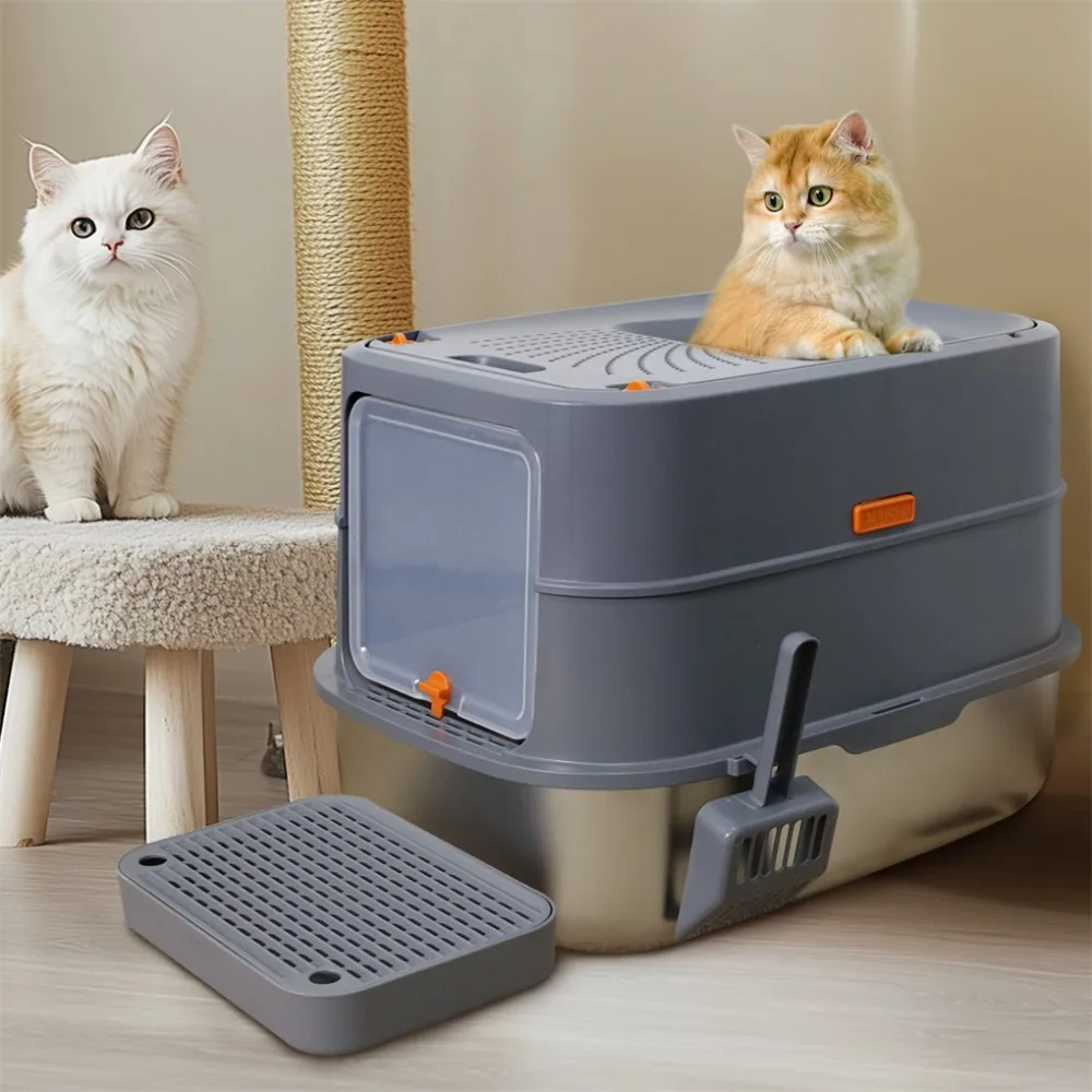 

Jumbo Stainless Steel Cat Litter Box Multi-cats Toilet Boxes with Removable Lid