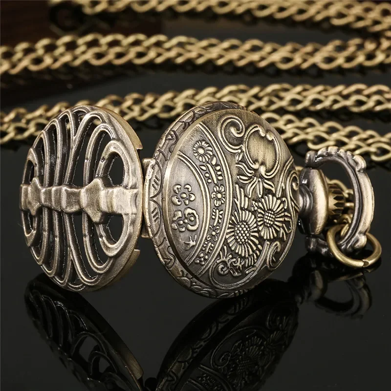 Steampunk Half Hunter Skull Bone Case Men Women Analog Quartz Pocket Watch Arabic Number Display with Necklace Chain	 Timepiece