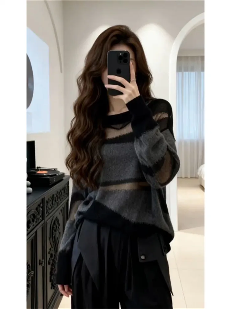 

Laid-ba Sle Color Blo Striped Knitwear Casual Faion Spring New Arrival Women's High-End Feeling Top Casual Sle
