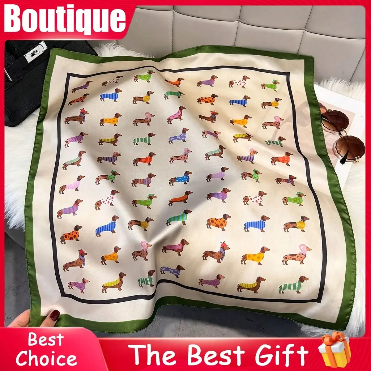 

Cute Cartoon Dog Printed 65x65 Faux Silk Square Scarf, French Style Lightweight Versatile Neckerchief Shawl for Women Fashion