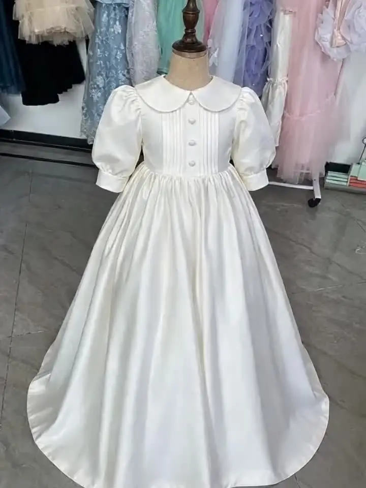White First Communion Dress for Girls Eaton Collar Balloon Sleeve Flower Girl Dress for Wedding 2-14 Kids Customized Party Gown