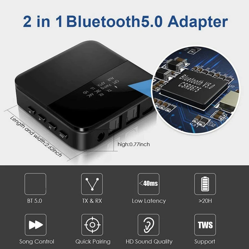 RISE-Aptx HD Bluetooth 5.0 Transmitter, Audio Adapter For 2 Headphones, With Display, Low Latency, Supports Fibre Optic Cable