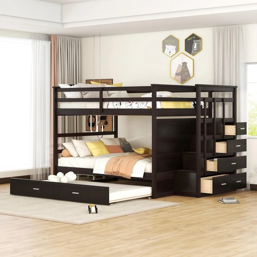 

Harper & Bright Designs Full Over Full Bunk Bed with Twin Size Trundle and Stairs, Kids Bunk Beds with Storage Drawers, Wood Ful