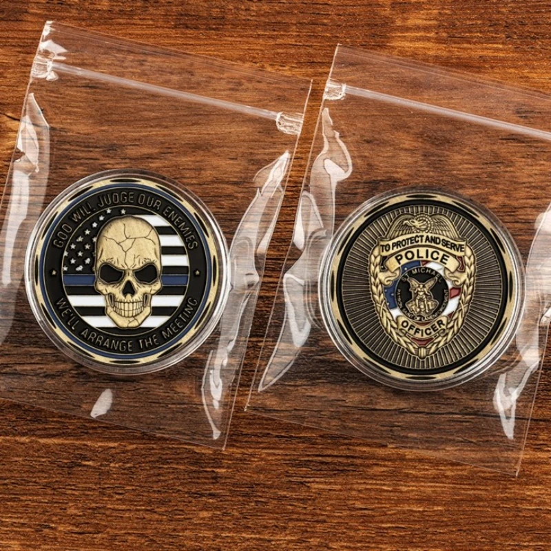 God Will Judge Our Enemies U.S Blue Line Skull Bronze Collectible Coin To Protect and Serve Police Officer Souvenir Coin