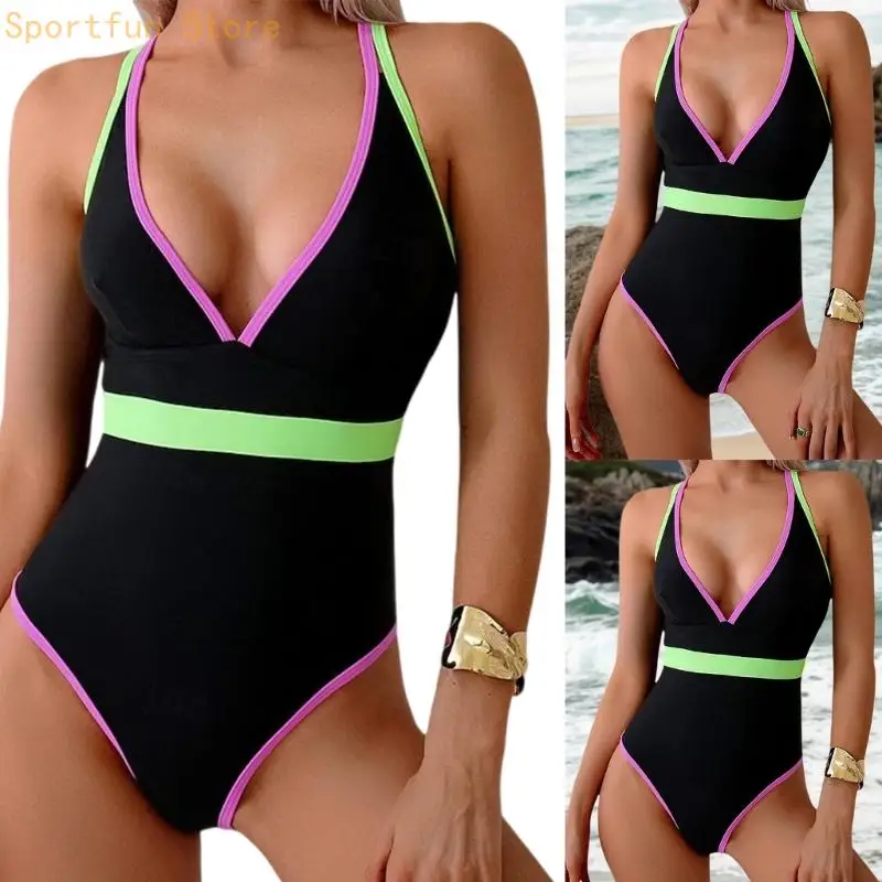 X7JD Womens 1 Pc Swimsuit Deep V-Neck Bathing Suit Push Up Swimming Suit Ladies Contrast Color Swimwear for Beachwear