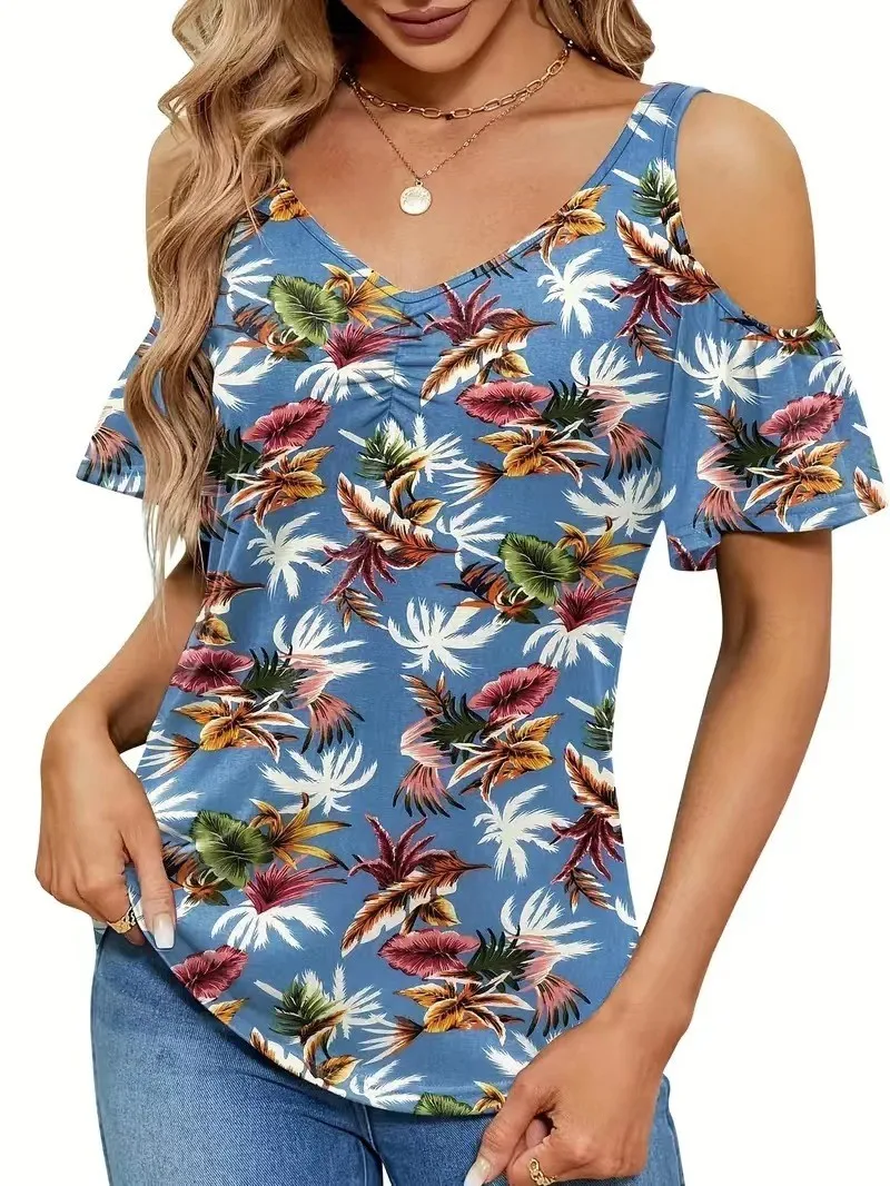 2024 new Plus-size women\'s print V-neck short-sleeved T-shirt large-size top