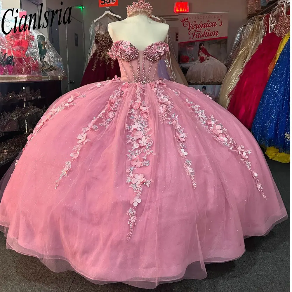 Robes de Quinceanera perlées roses, robes de Rh, appliques de fleurs 3D, dentelle douce, fête d'anniversaire, 15