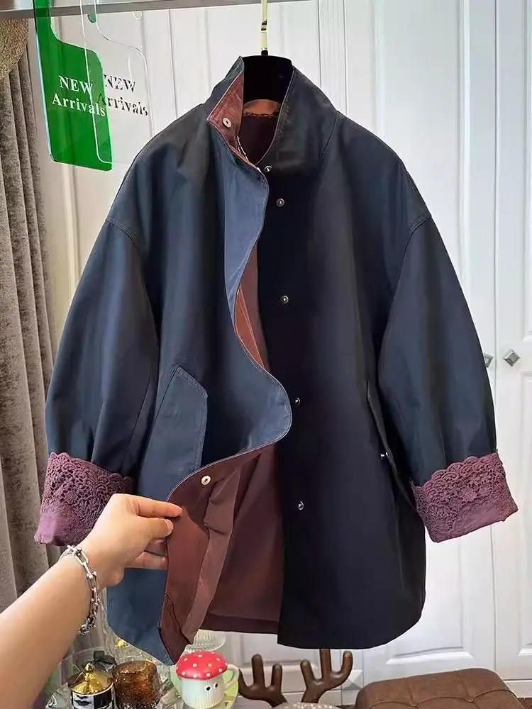 

Spring and Autumn New Women's Oversized Windbreaker Coat Loose Splicing Stand Up Collar Windbreaker