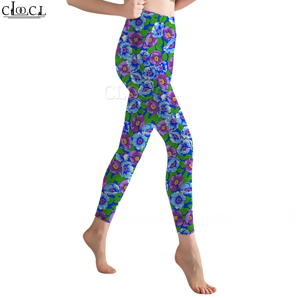 CLOOCL – Legging décontracté pour femmes, pantalon imprimé 3D, taille haute, extensible, sport, Fitness, exercice de mise en forme, motif Floral bleu