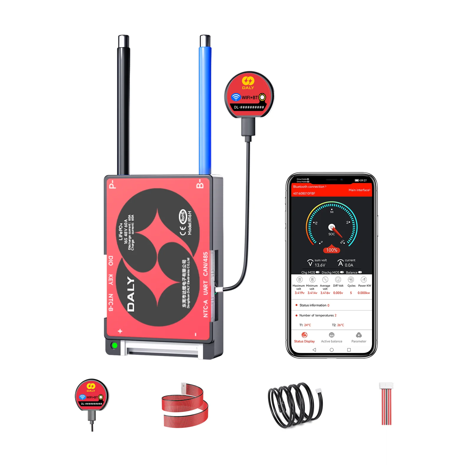 Daly LI-ION 16S 60V 60A BMS with Bluetooth SMART BMS with NTC APP for Lifepo4 Battery Electric Bicycles