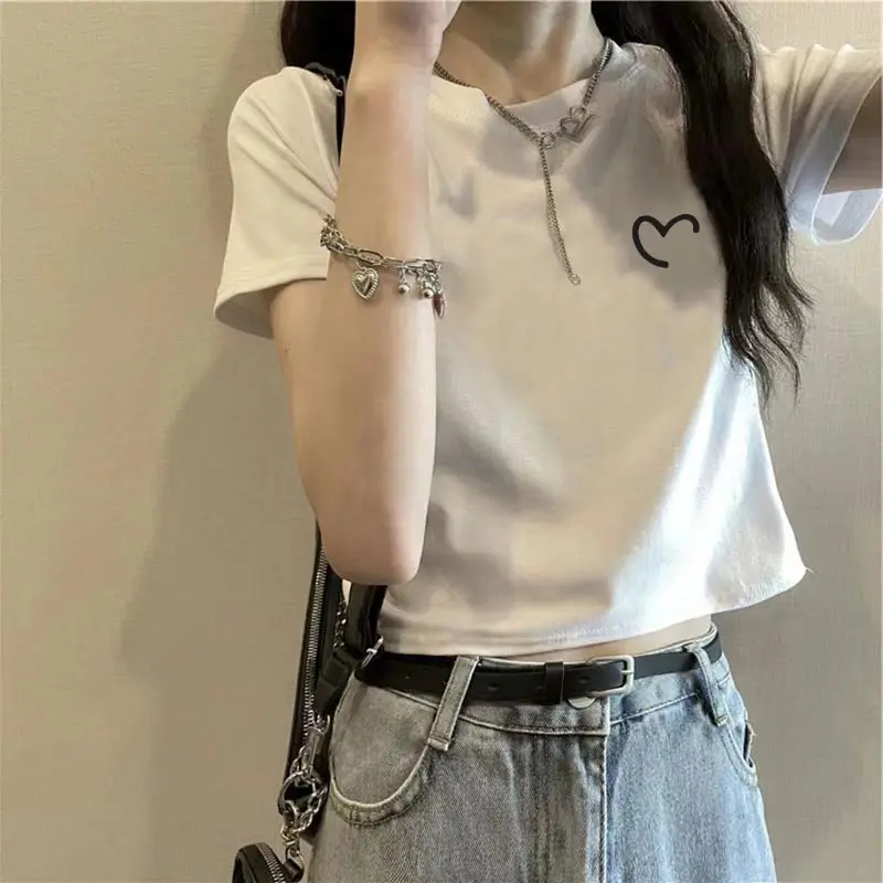 White Slim Fit Short Sleeve Pure Cotton Heart Print T-Shirt Women's Summer New Style European Base Shirt Top round Neck Korea...