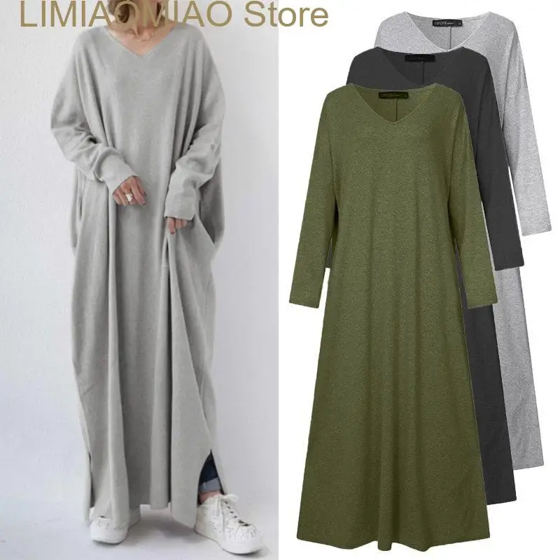 

New Spring dresses for casual solid color V-neck long-sleeved knit dress streetwear robe women's clothing Long dresses