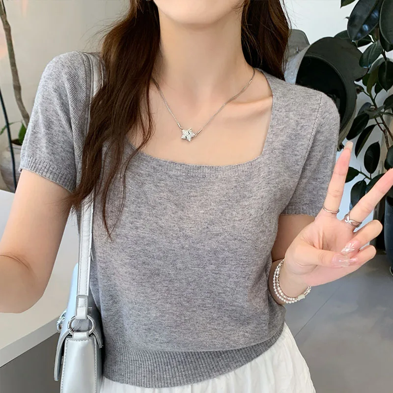 

Вязаный свитер, женские пуловеры, новый белый вязаный свитер с короткими рукавами и квадратным воротником, пуловер, женские топы Sueters De Mujer Q1266