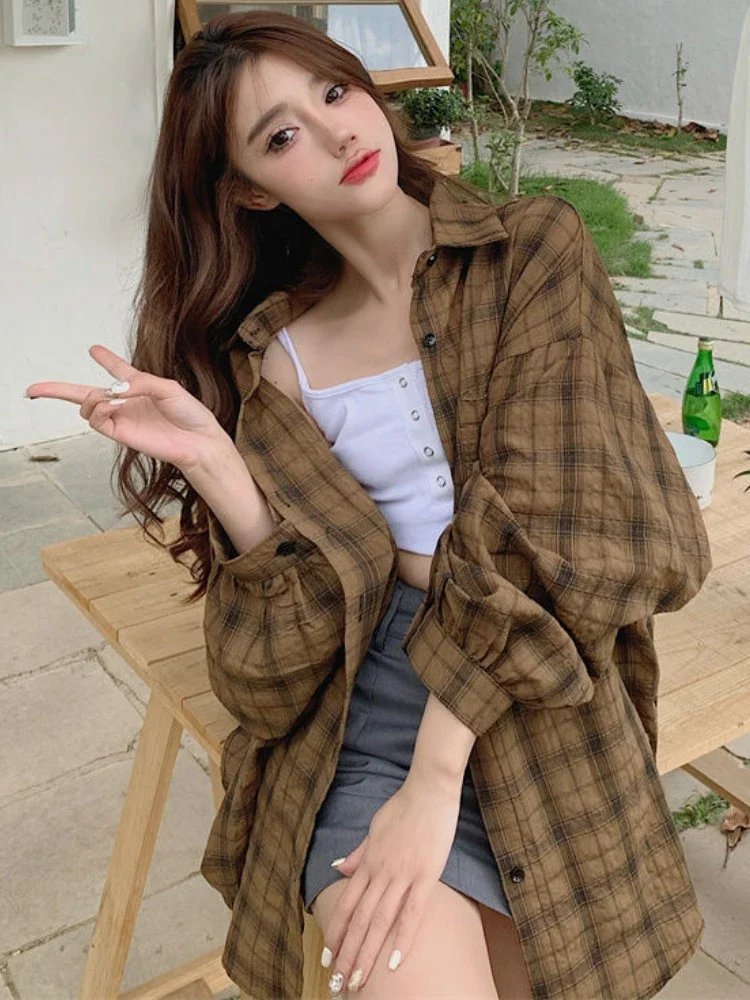 Plaid Shirts Women Casual All-match Daily Baggy Simple Korean Style Trendy College Students Sunscreen Spring Girls Popular Cozy