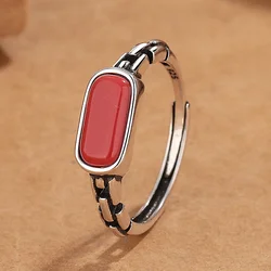 New Arrival Silver 925 Ring For Lady Finger Accessories Vintage Red Rectangle Square Ring Women Jewelry Adjustable