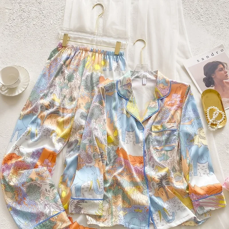 Women's Light Luxury Silk Pajamas Set Fashionable Long Sleeve Pants Mulberry Silk Loungewear  Spring Summer Autumn Comfort Cozy