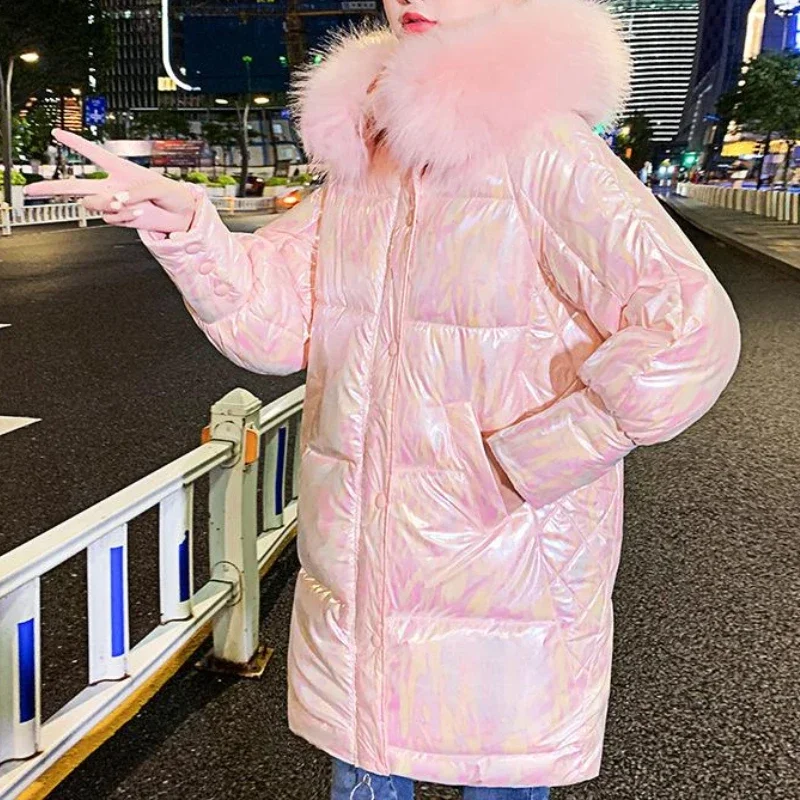 Cotton Padded Thickening Jackets Winter Korean Hooded Loose Coats Women 2021 Bright Face Fashion Medium and Long Bread Clothes