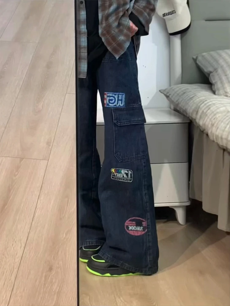 

Свободные широкие джинсы с принтом American High Street, женские весенне-осенние дизайнерские маленькие прямые брюки