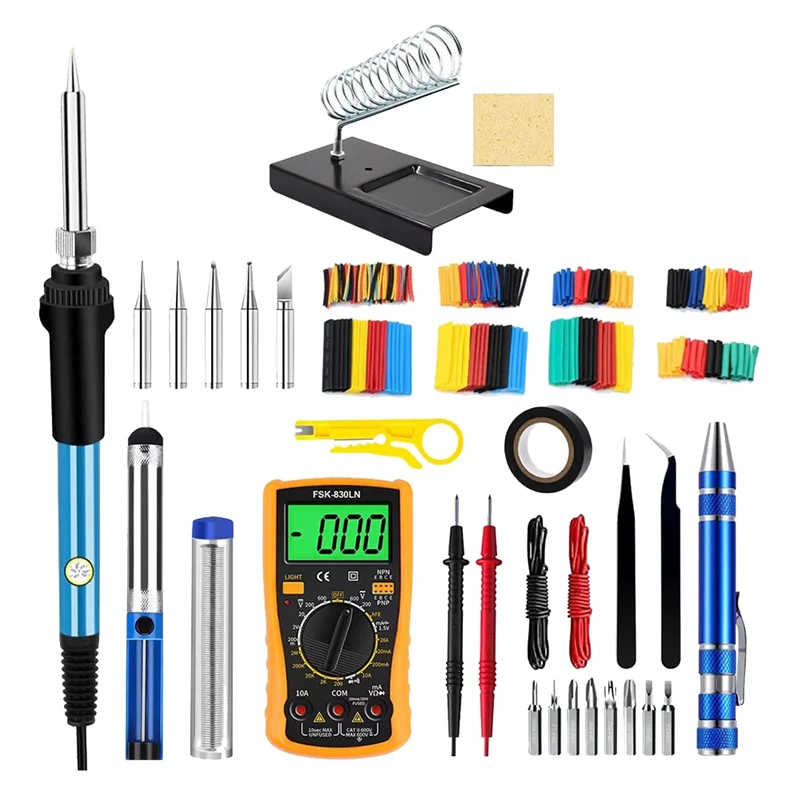 ABLU-Kit Besi Solder, Besi Solder Suhu Dapat Disesuaikan 60W/110V dengan Ujung Solder Dudukan Multimeter Digital Steker AS