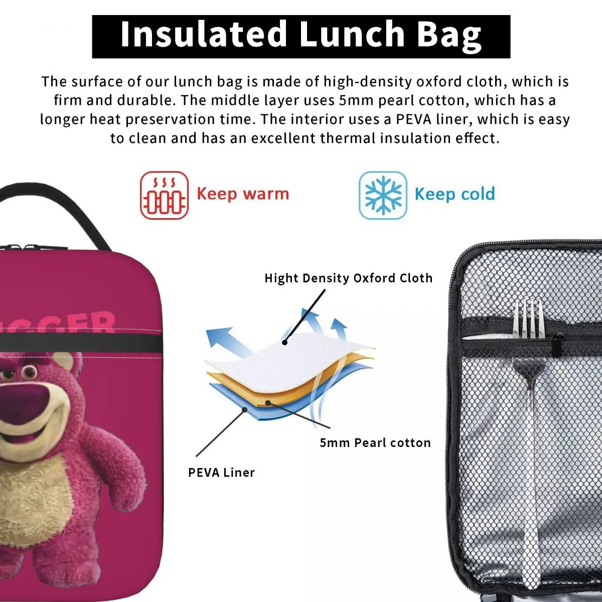 هاجر الفراولة الدب معزول أكياس الغداء المحمولة لوسو وجبة الحاويات حقيبة حرارية حمل علب الاغذية الشاطئ في الهواء الطلق الرجال النساء #5