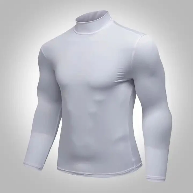 Cody Lundin White Athletic Compression Running Shirts For Men Stretchy Long Sleeve Turtleneck Slim Gym Fitness Clothes