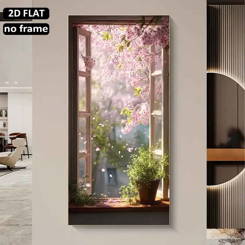 [2D Flat]1pc 23.6X47.2in 60cmX120cm UnFramed Modern Art Decoration Painting Cherry Blossom Window Scene with Potted Plant