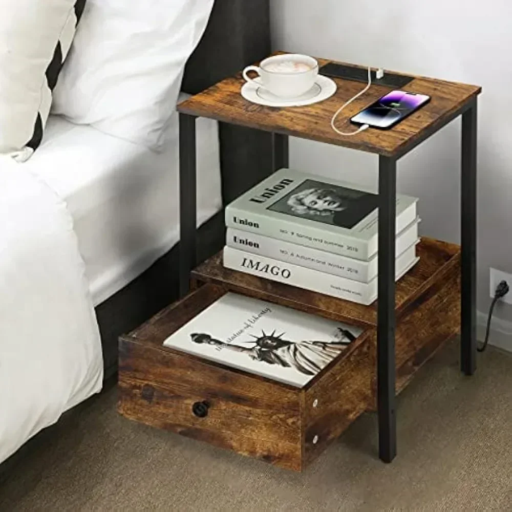 

y Side Table with Charging Station, Set of 2 Nightstand with USB Ports & Power Outlets,Narrow End Table with Drawer and Storage