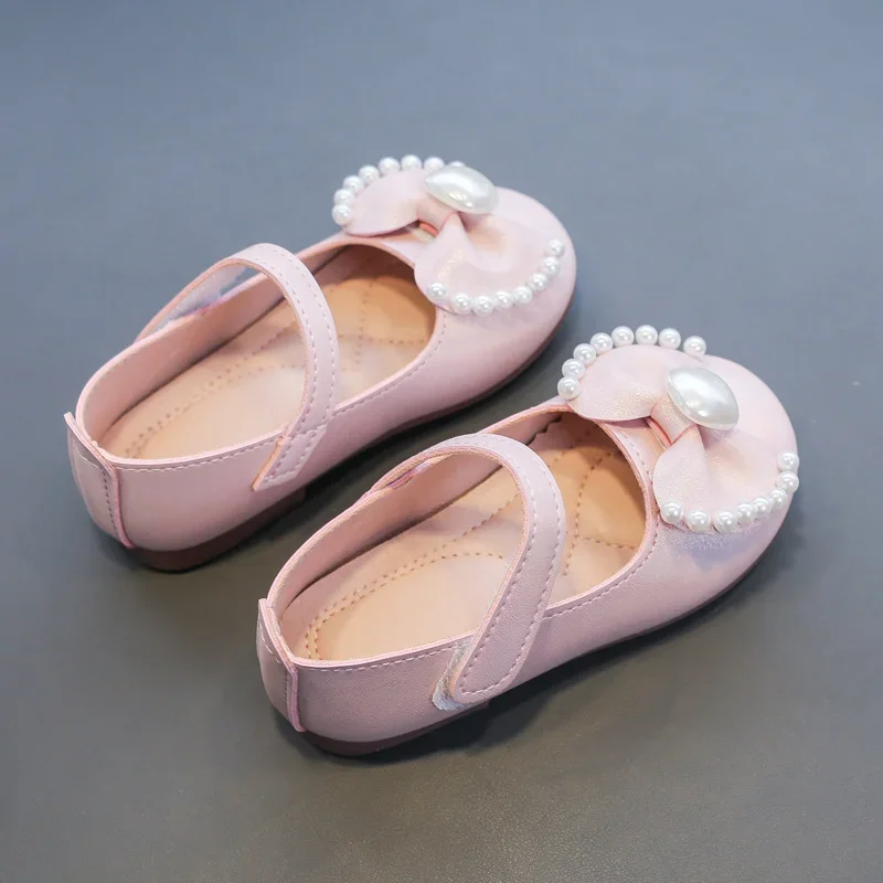 Baby Girls Leather Shoes Kids Flats Children Casual Flats Bow-knot Princess Sweet 2023 Spring Brand New Soft Rhinestone Pearls