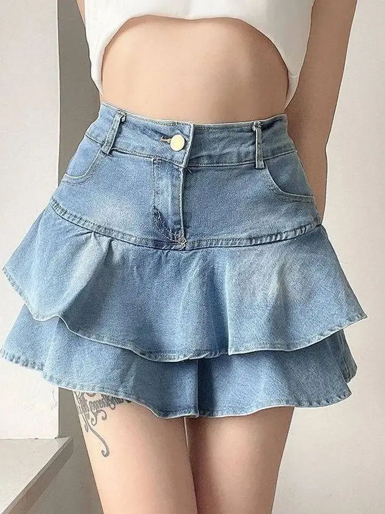 High Waist Denim Skirt with Ruffle Hem Vintage Sexy Half Length Short Skirt for Young Women Casual A-Line Skirt