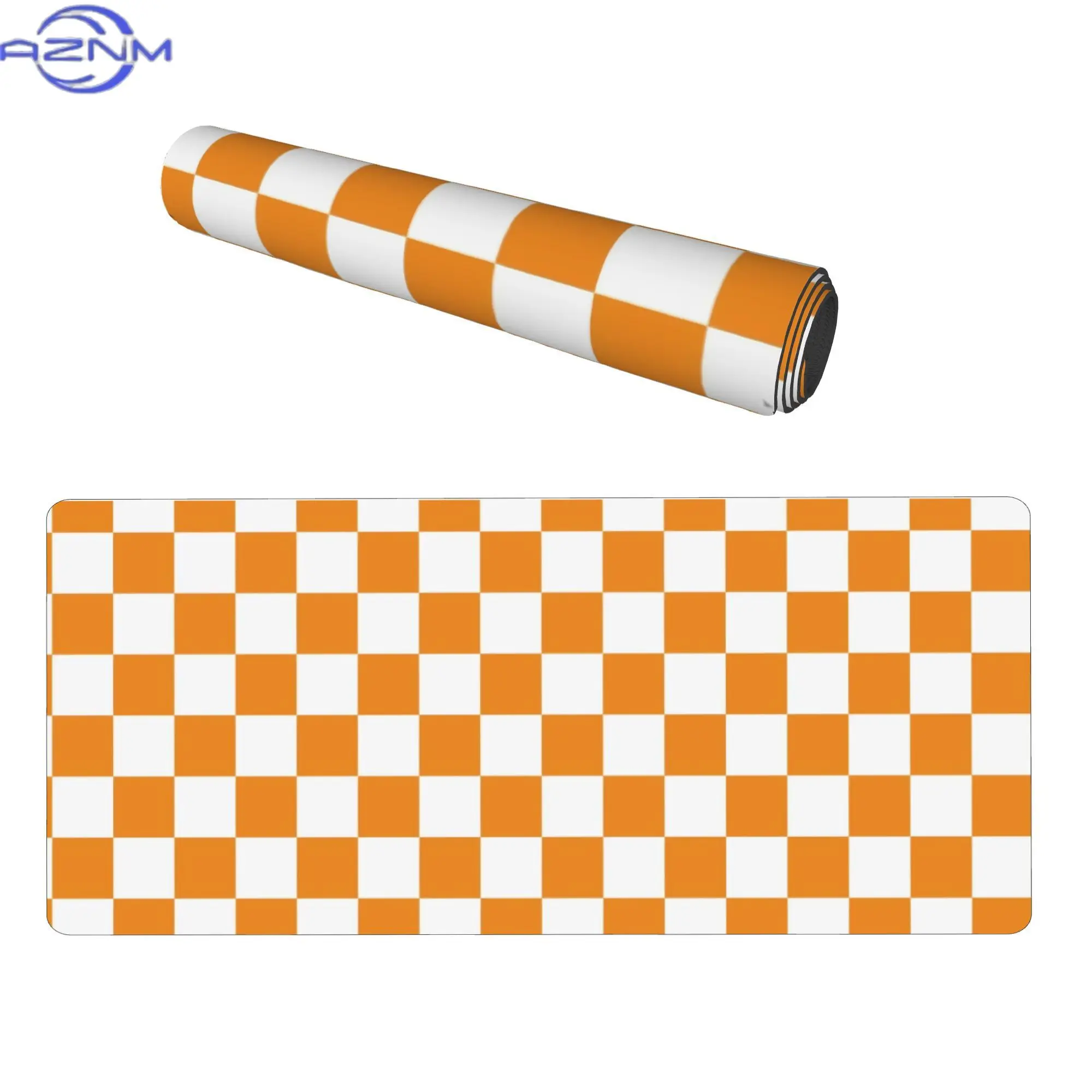 A Large Desk Mat Featuring an Orange And White Checkerboard Design Enhances Your Gaming And Streaming Area with a Striking Look