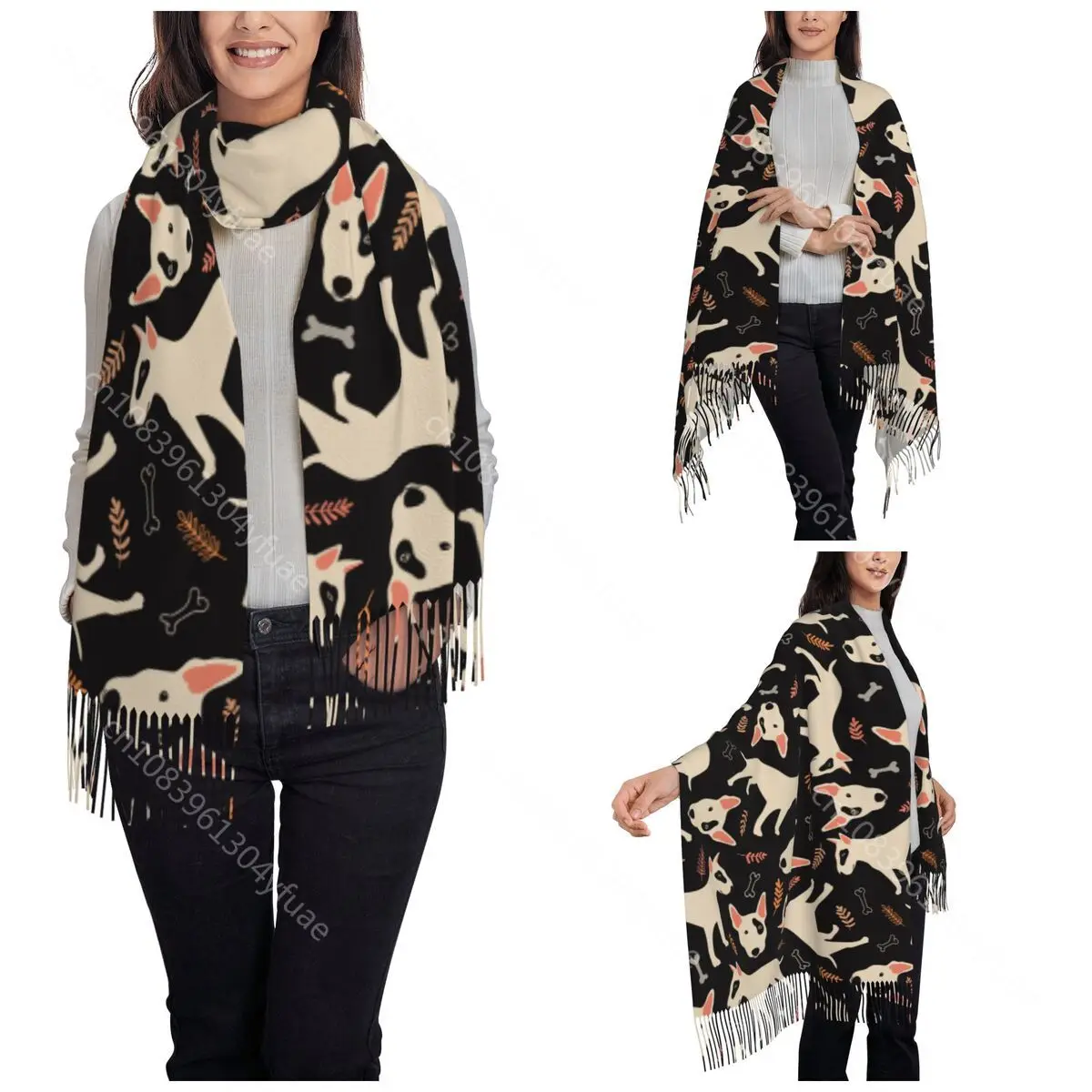 Womens Tassel Scarf Bull Terrier Long Super Soft Shawl Wrap Animal Dog Daily Wear Pashmina Scarves