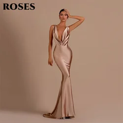 ROSES Elegant Simple Champagne Prom Dress Deep V-Neck Pleats Draped Evening Dress Sexy Mermaid Satin Party Dress Backless 프롬드레스