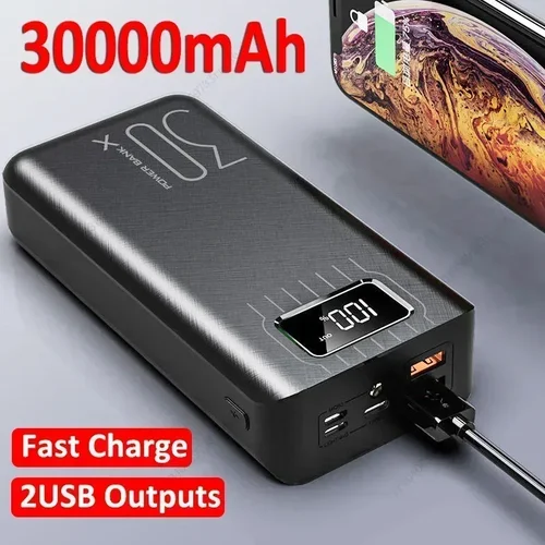 샤오미 아이폰용 고속 충전 보조배터리, 휴대용 30000mAh 충전기, 2.1A 디지털 디스플레이 외부 배터리 팩 손전등 