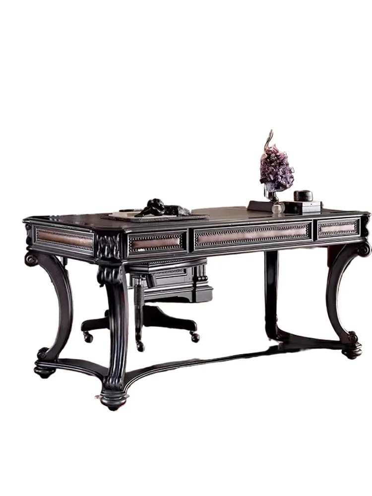 

French retro solid wood desk, medieval high-end study complete set of furniture, carved American light luxury