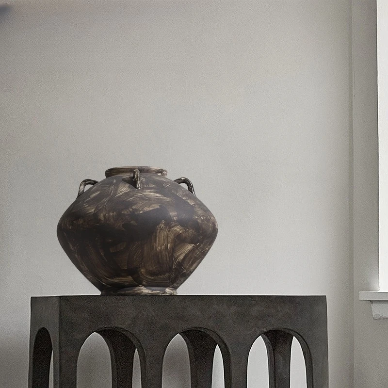 Big-bellied coarse pottery retro and old ceramic vase ornament, high-end new Chinese decoration pottery pot
