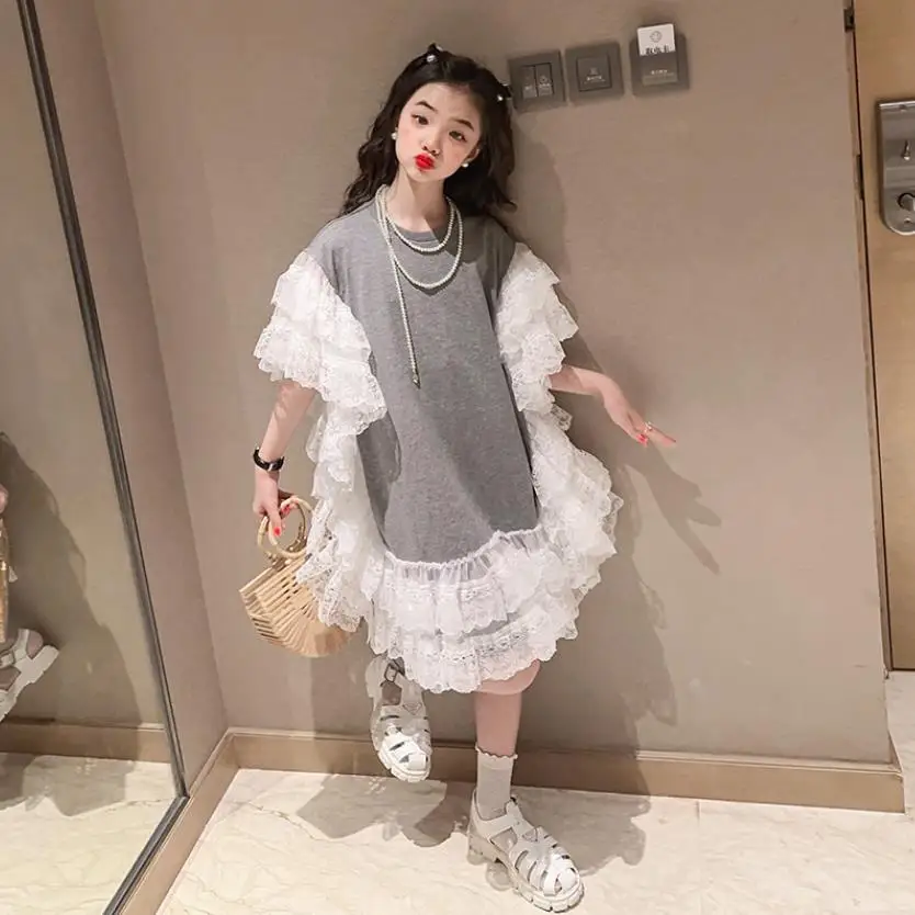 Korea Style Girl Dress Summer New Mesh Patchwork Princess Dress Puff Sleeve Gray Dress Teenage Clothes Kids Ruffles Dress Wz1155